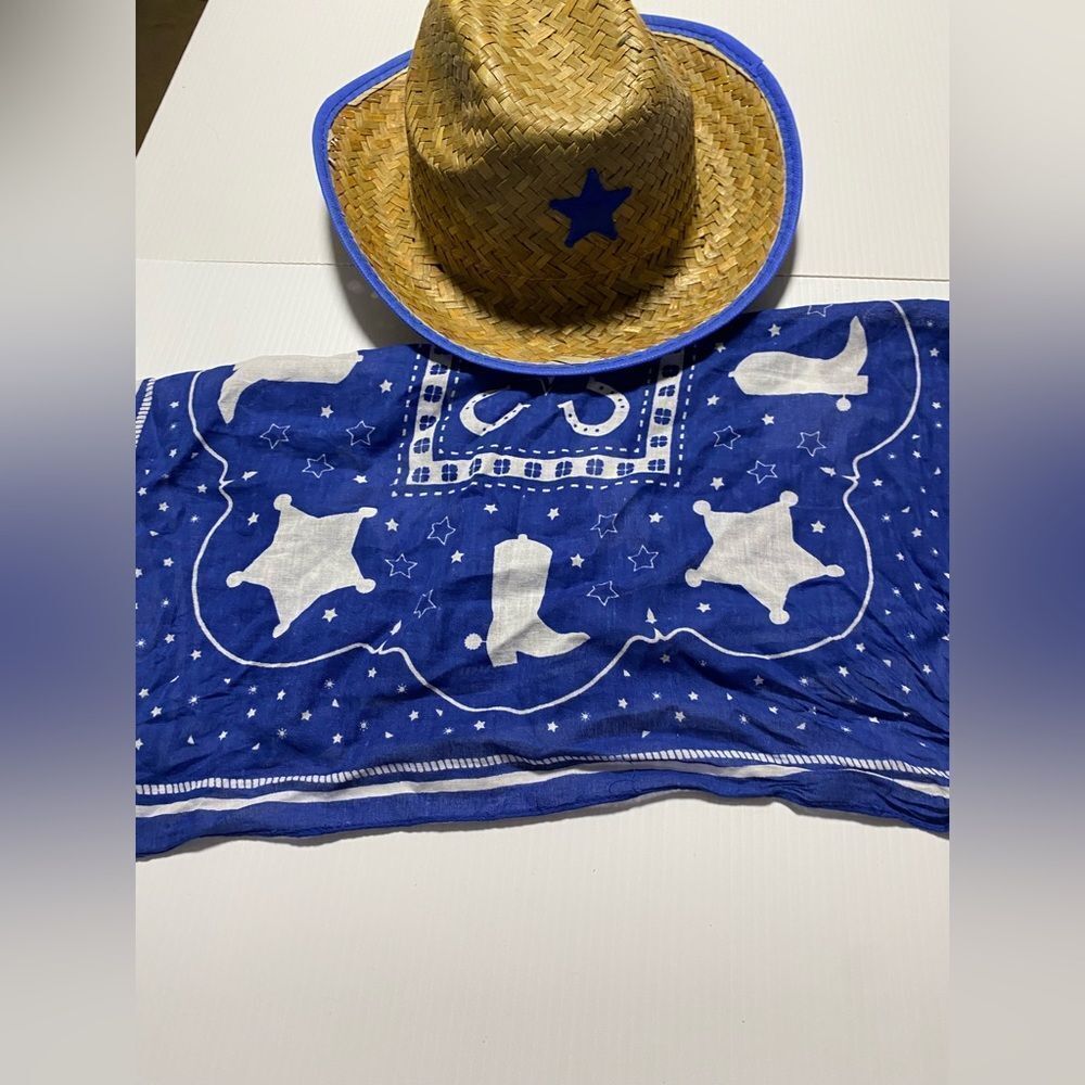American cowboy Western straw hat blue bandanna dress up costume 6-12yo
